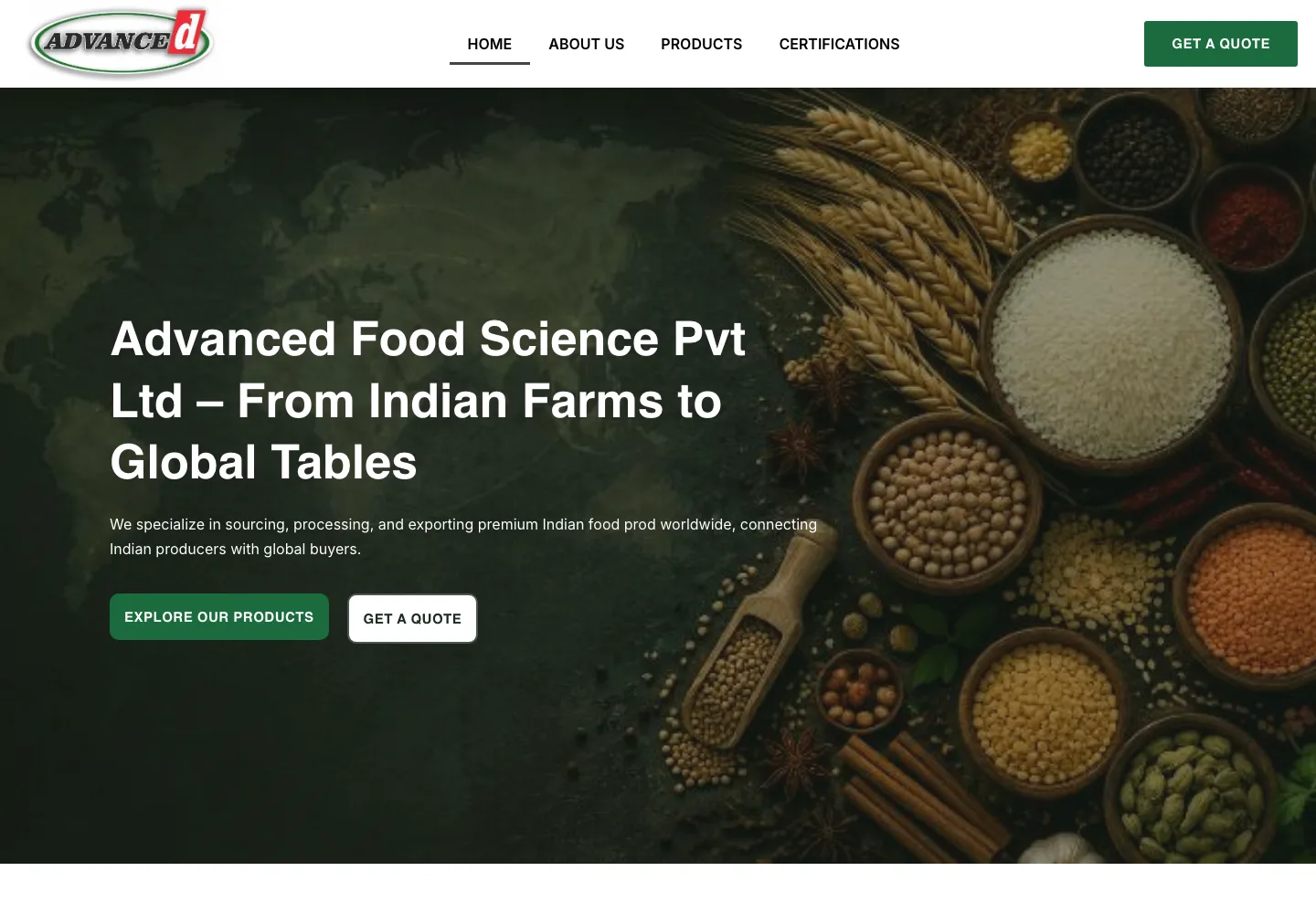 The homepage of the WordPress site built for Advanced Food Science, a food exporter, shown with their consent