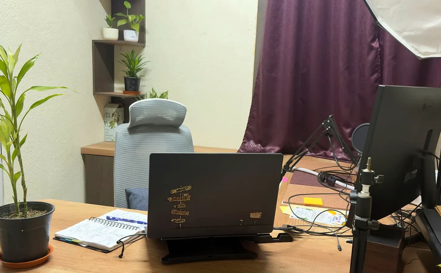 Laptop, monitor and a plant, a studio light behind, at my workspace in Kolkata, India