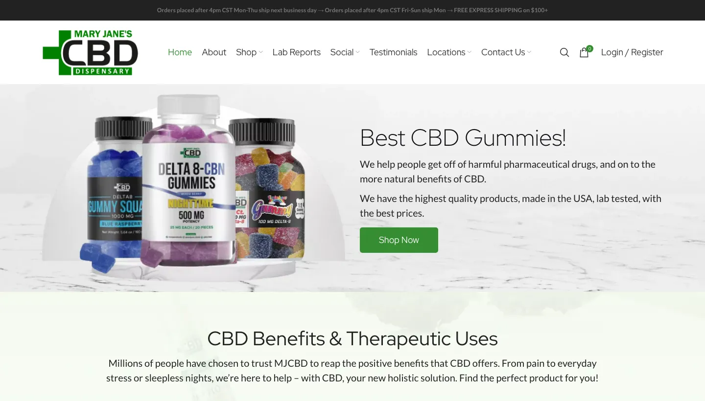 Mary Jane's CBD Dispensary (mjcbdd.com) — a WooCommerce shop kept running
