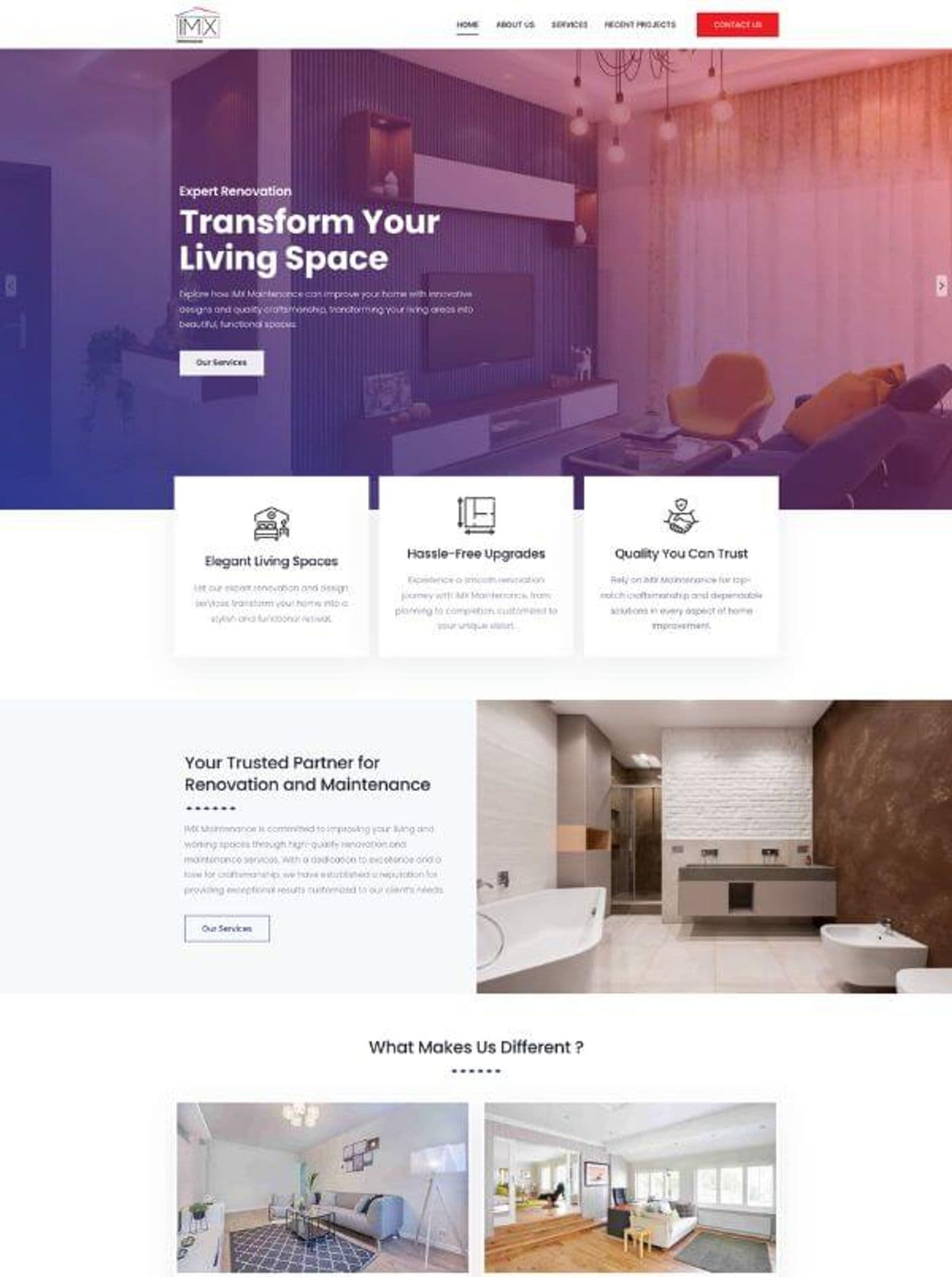 IMX Maintenance's homepage: a living room under a purple gradient and the headline Transform Your Living Space
