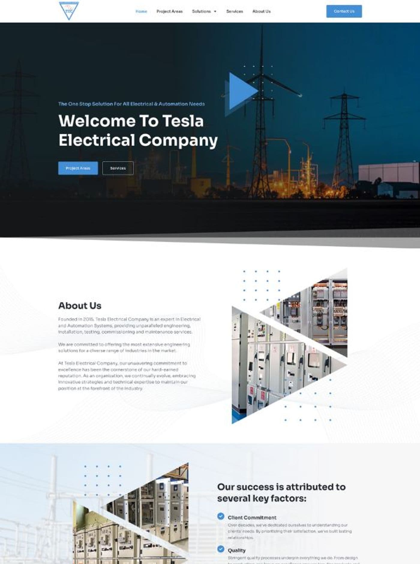 Tesla Electrical Company's rebuilt site: an About Us section beside photos of electrical switchgear